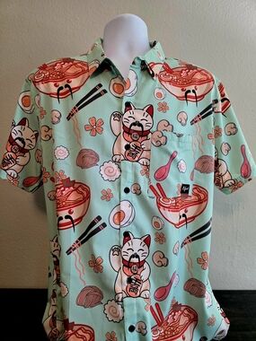 B Fresh Gear Mint Green Ramen & Lucky Cat Button-Down Shirt